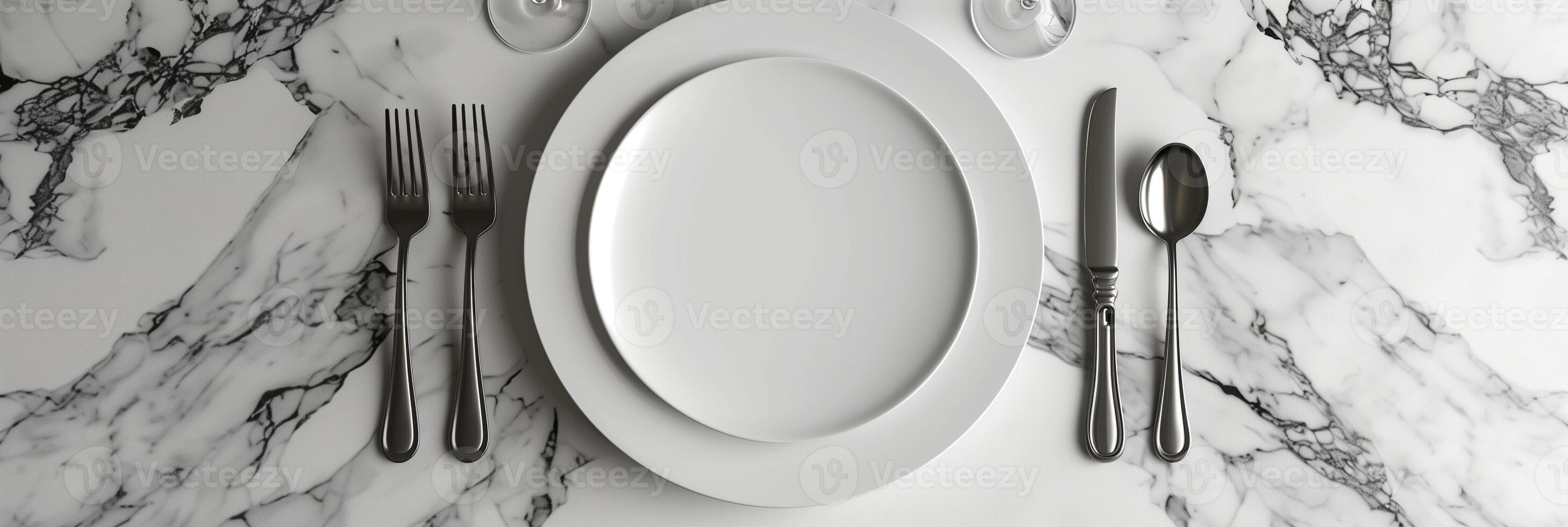 White circle paper mockup on a clean white marble table with a wine glass, knife, and fork, picture photo