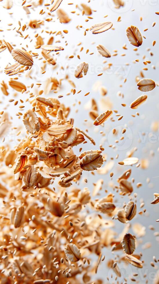 White background with explosion of oat seeds, photorealistic photo