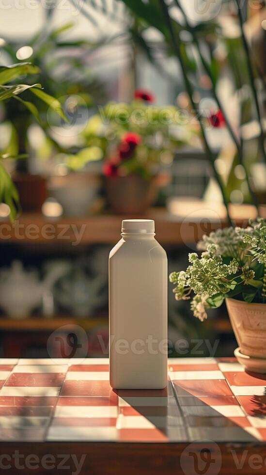 White milk carton mockup on red and white checkered counter with plants, photorealistic photo