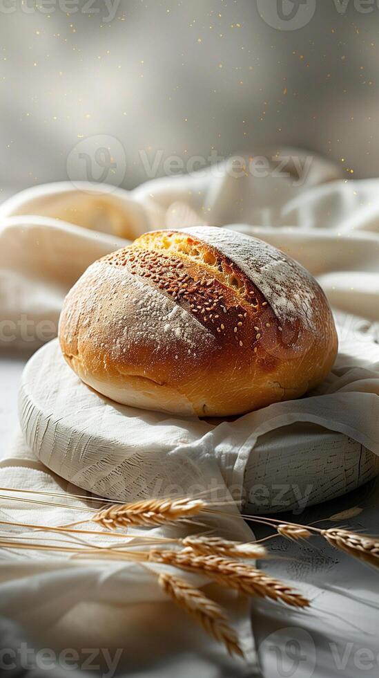 Minimalist background with realistic sourdough bread, photorealistic photo