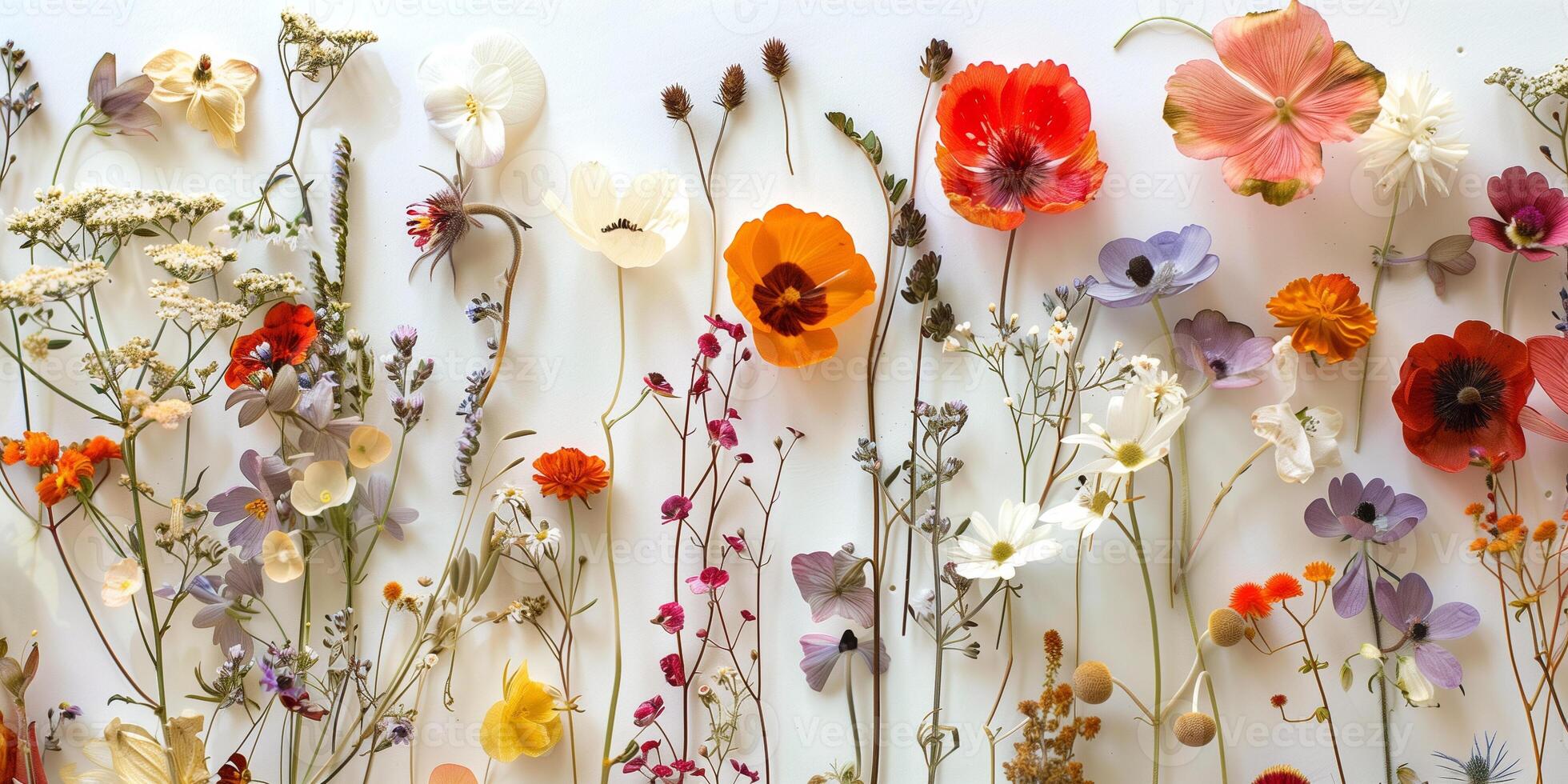 Zoomed-in image of pressed flower specimens on archival paper, showing botanical details, photorealistic photo