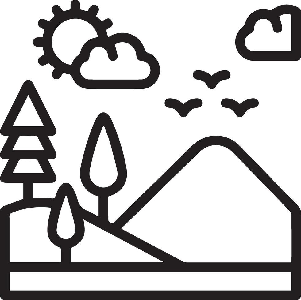 A black and white illustration of a mountain and trees vector
