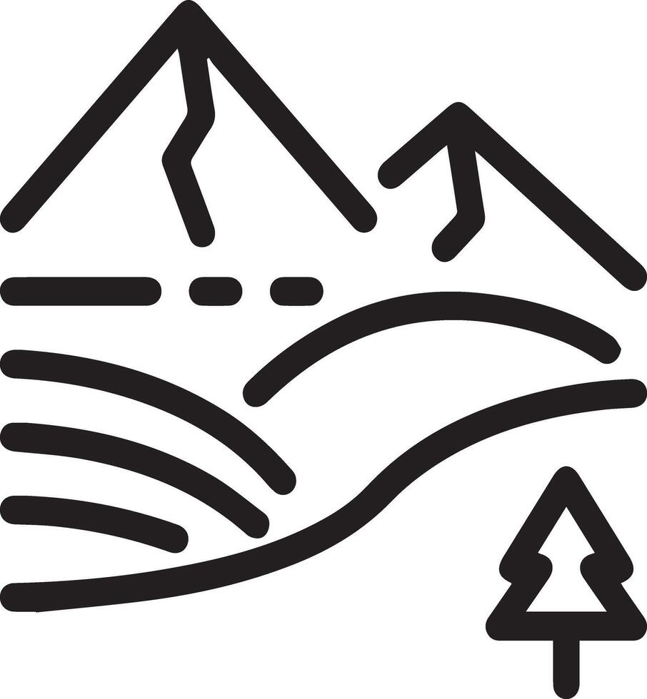 A black and white line drawing of mountains and trees vector
