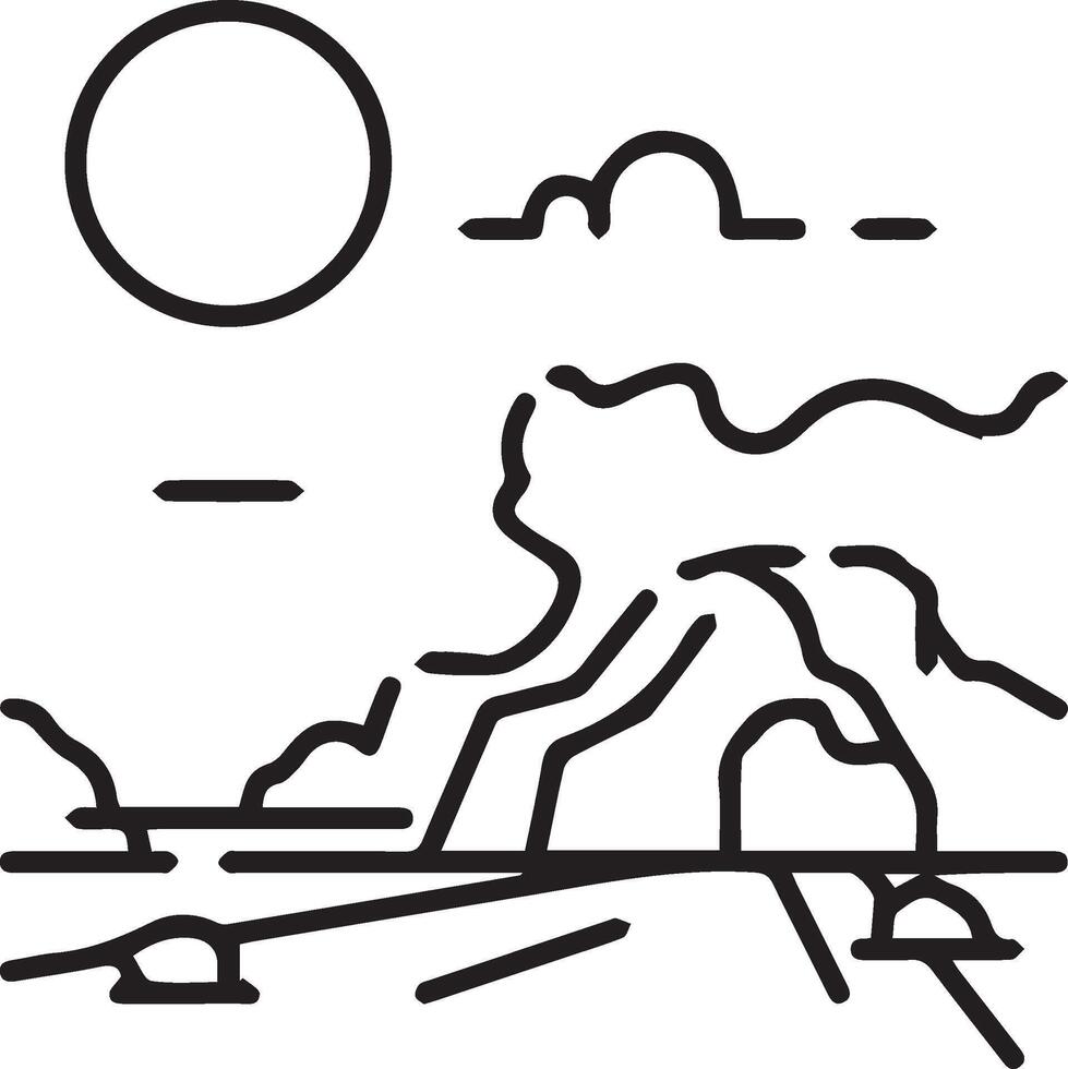 A line drawing of a mountain with a sun and clouds vector