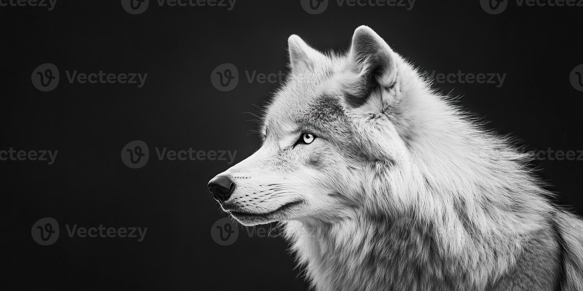 Close-up of a wolf's head in black and white photo