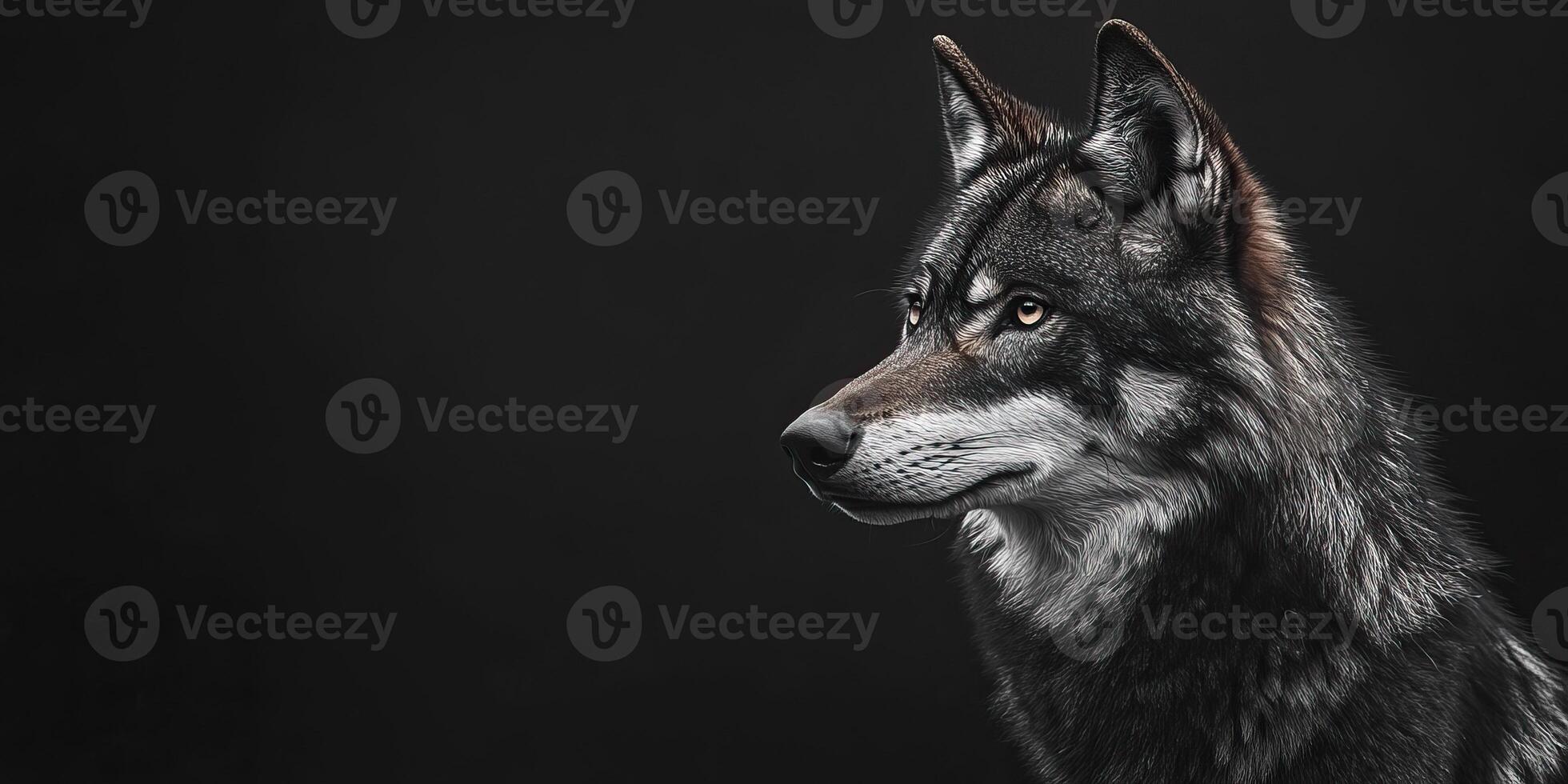 Close-up of a wolf's head in black and white photo