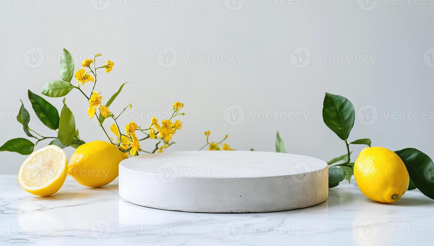 Minimalist podium with fresh lemons for product presentation photo