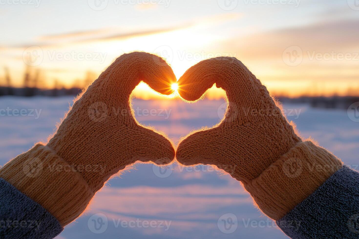 Two gloved hands forming a heart shape against a sunset background photo