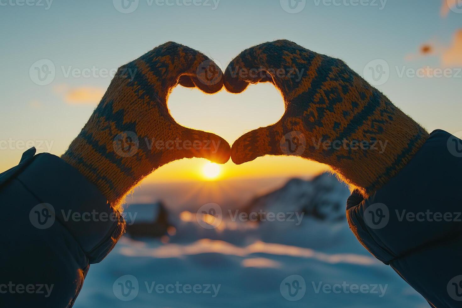 Two gloved hands forming a heart shape against a sunset background photo