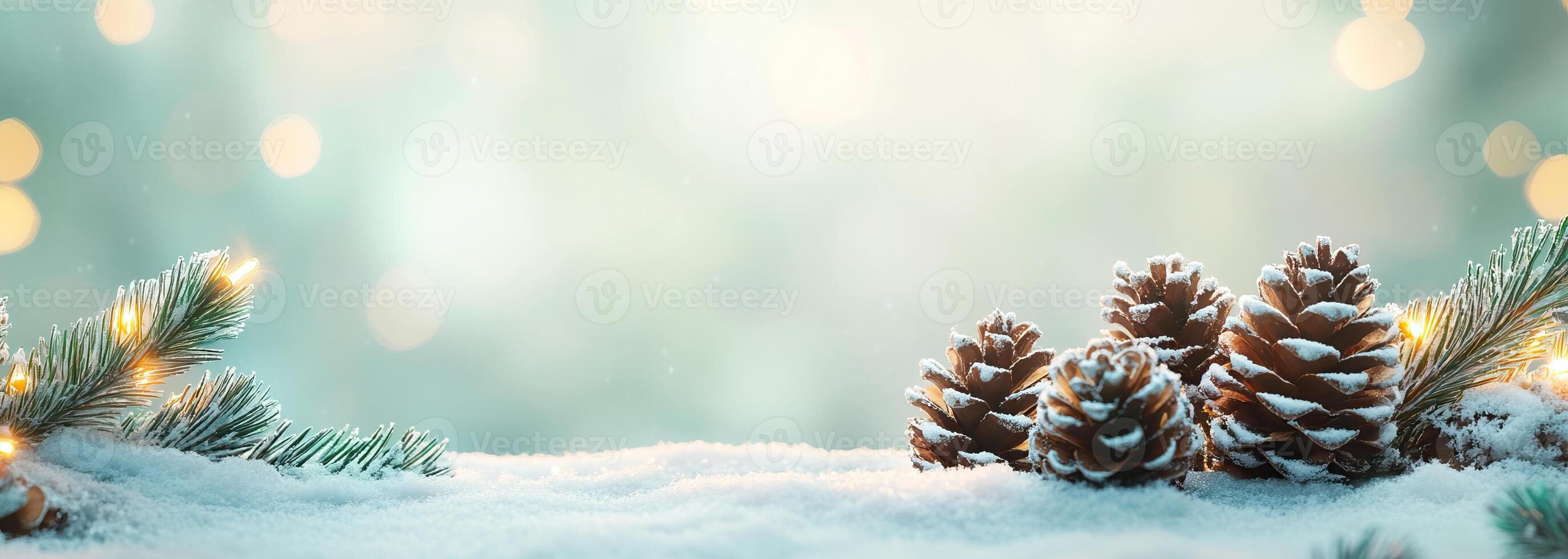 Winter-themed background with pine cones and snowflakes photo