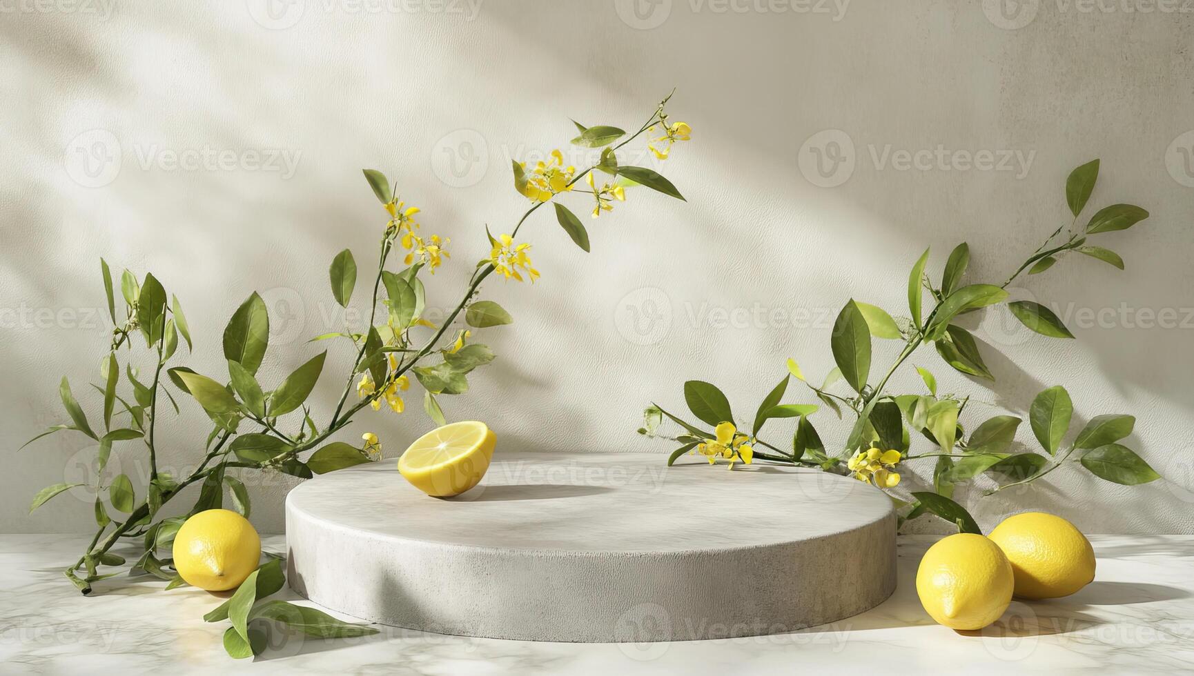 Minimalist podium with fresh lemons for product presentation photo
