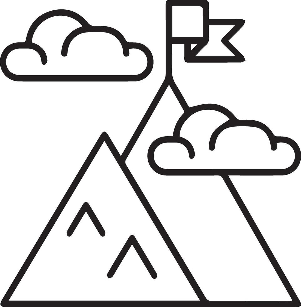 Mountain with flag and clouds line icon vector