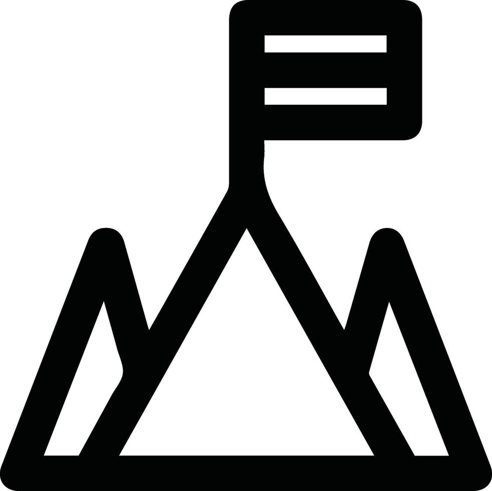 A black and white icon of a mountain with a flag vector