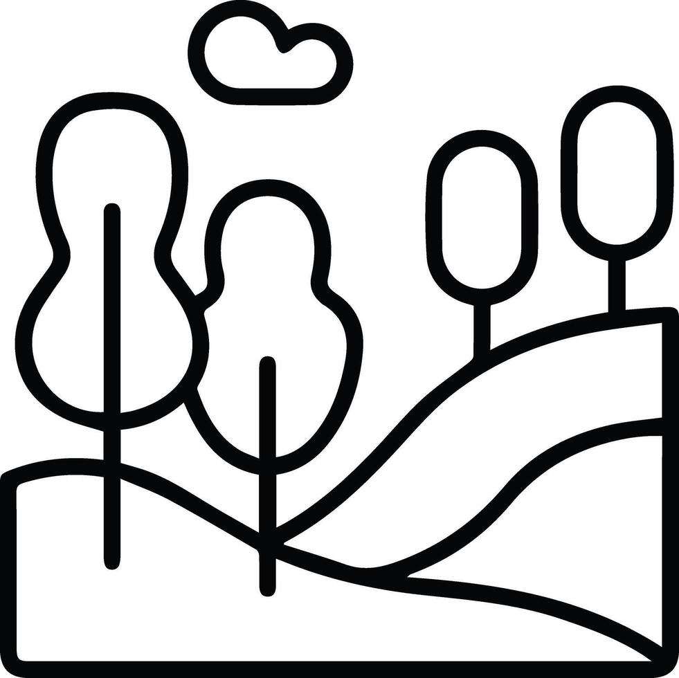 A black and white line drawing of trees and hills vector