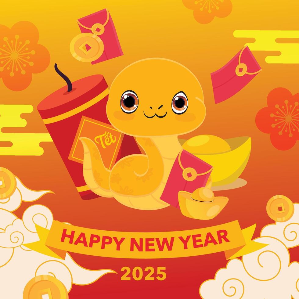 Golden snake carrying a new year money bag vector