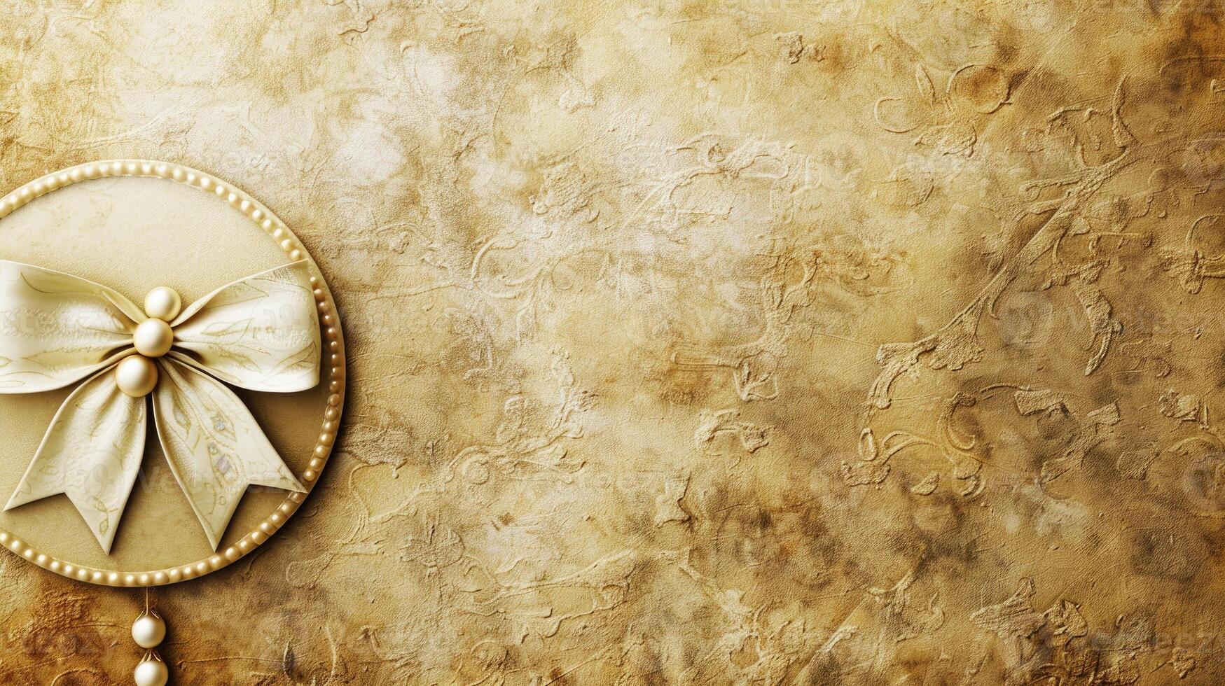 A gold ribbon and bow on a wall photo