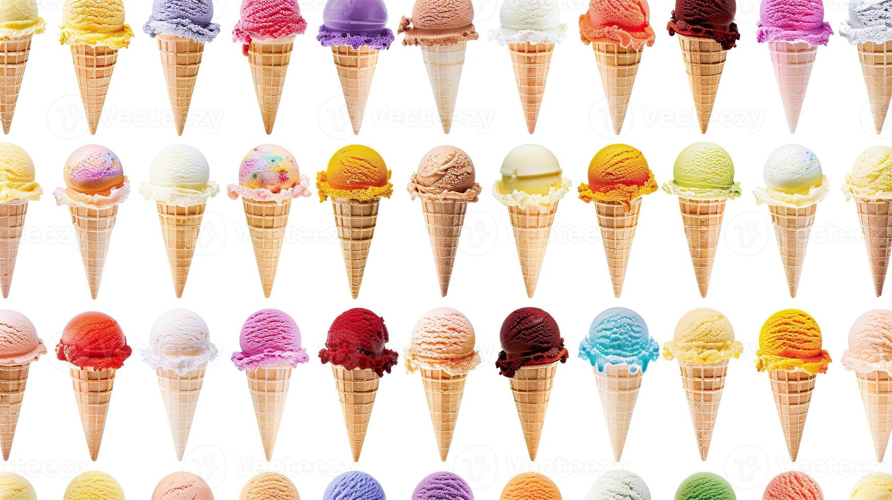 A large number of ice cream cones are arranged in a row photo