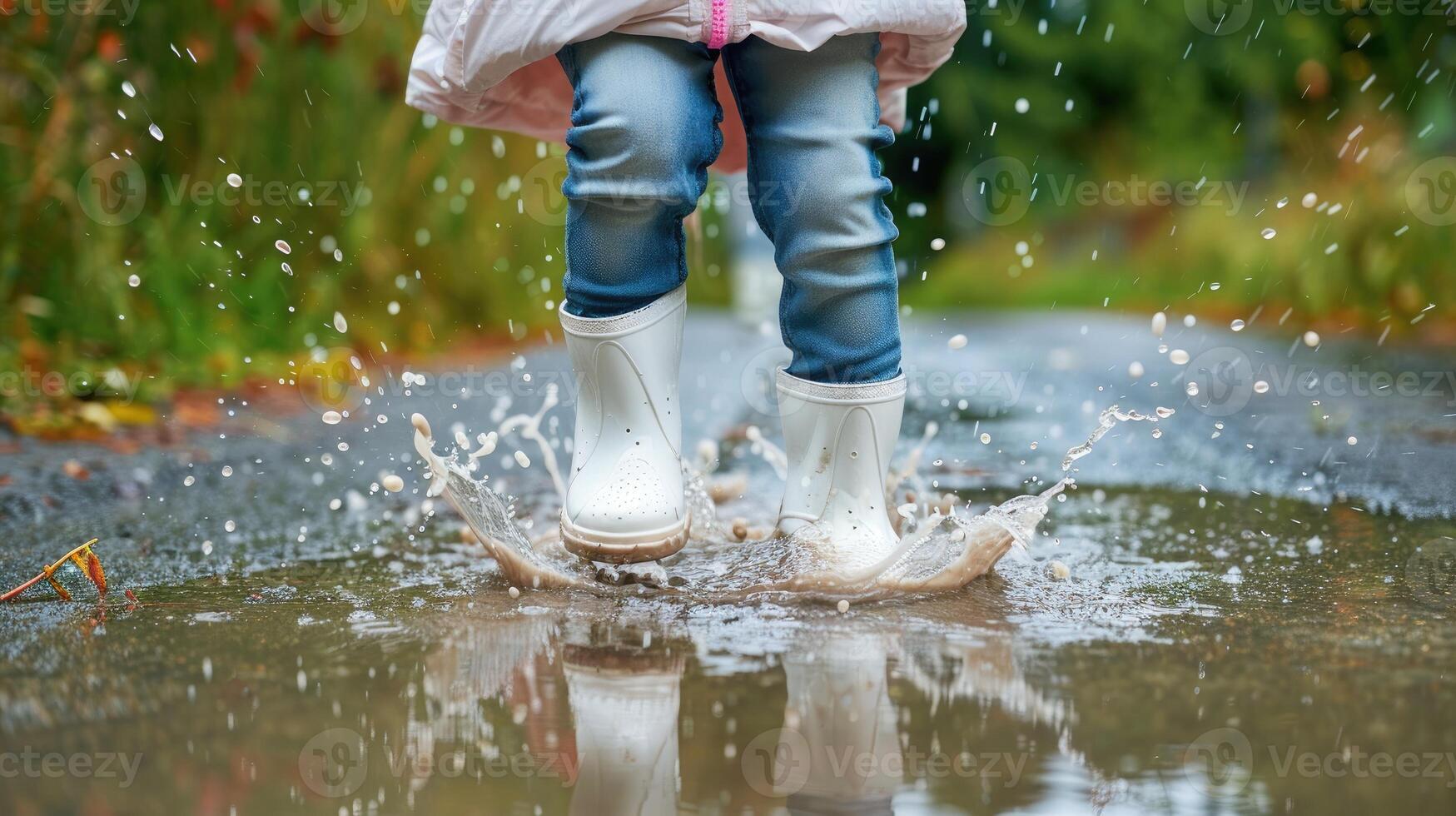 A child jumping in the rain with rubber boots photo