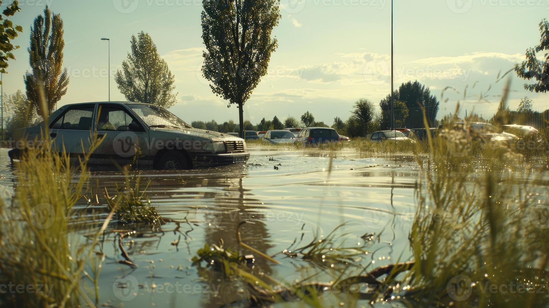 A car is driving through a flooded parking lot photo