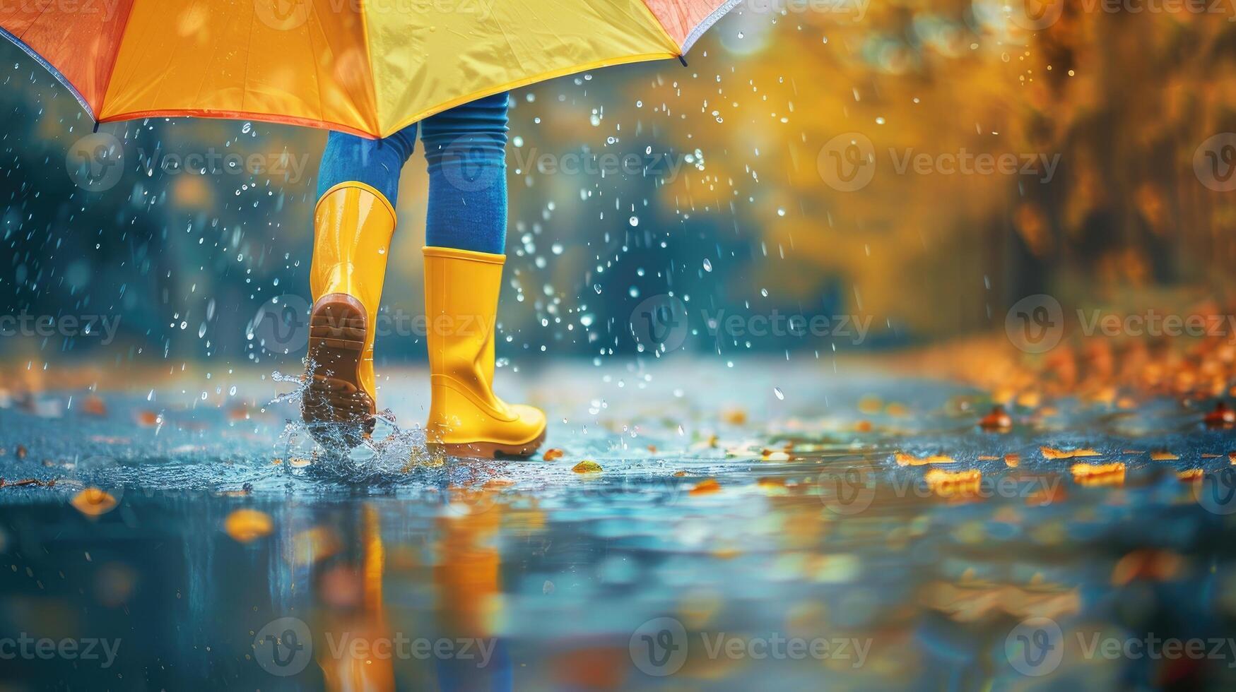 A person in yellow rain boots and yellow rain boots is walking in the rain photo