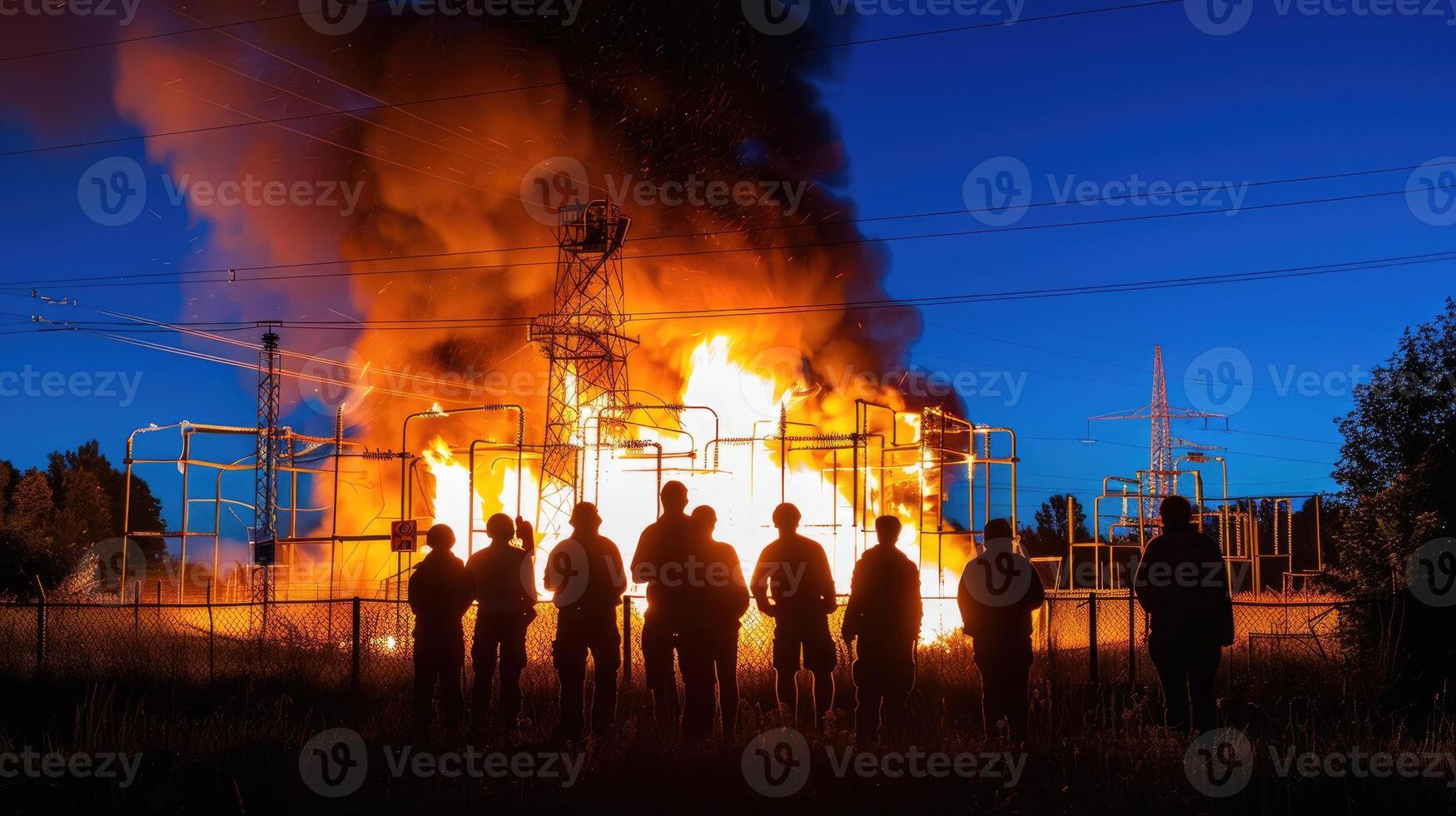 A group of people standing in front of a burning building photo