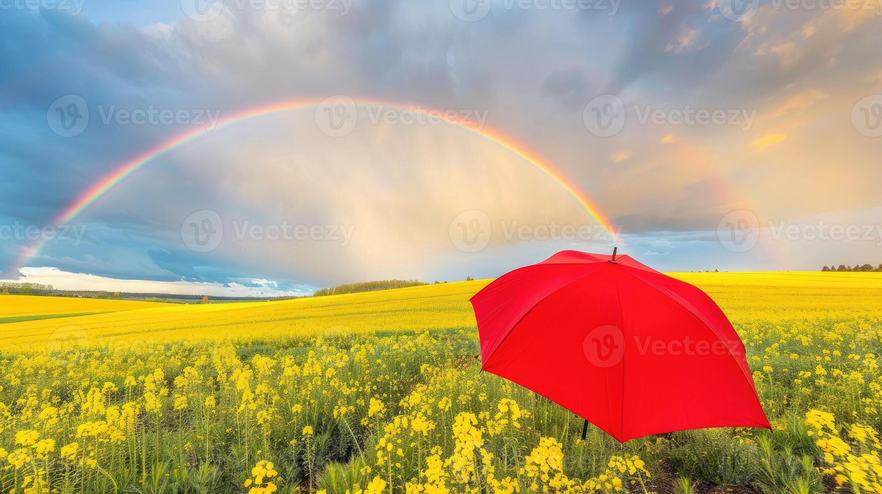 A red umbrella in a field with a rainbow in the background photo