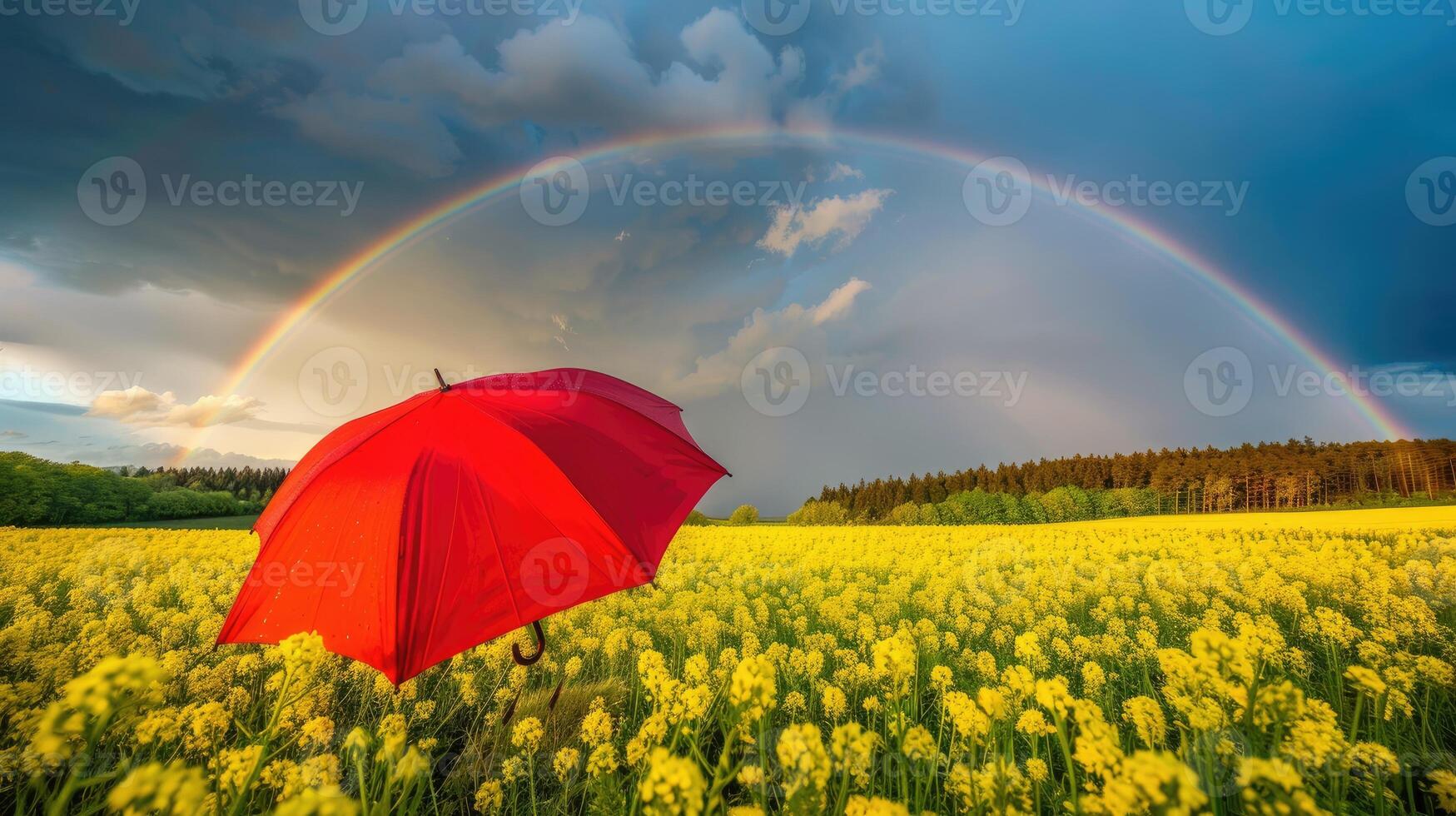 A red umbrella in a field with a rainbow in the background photo