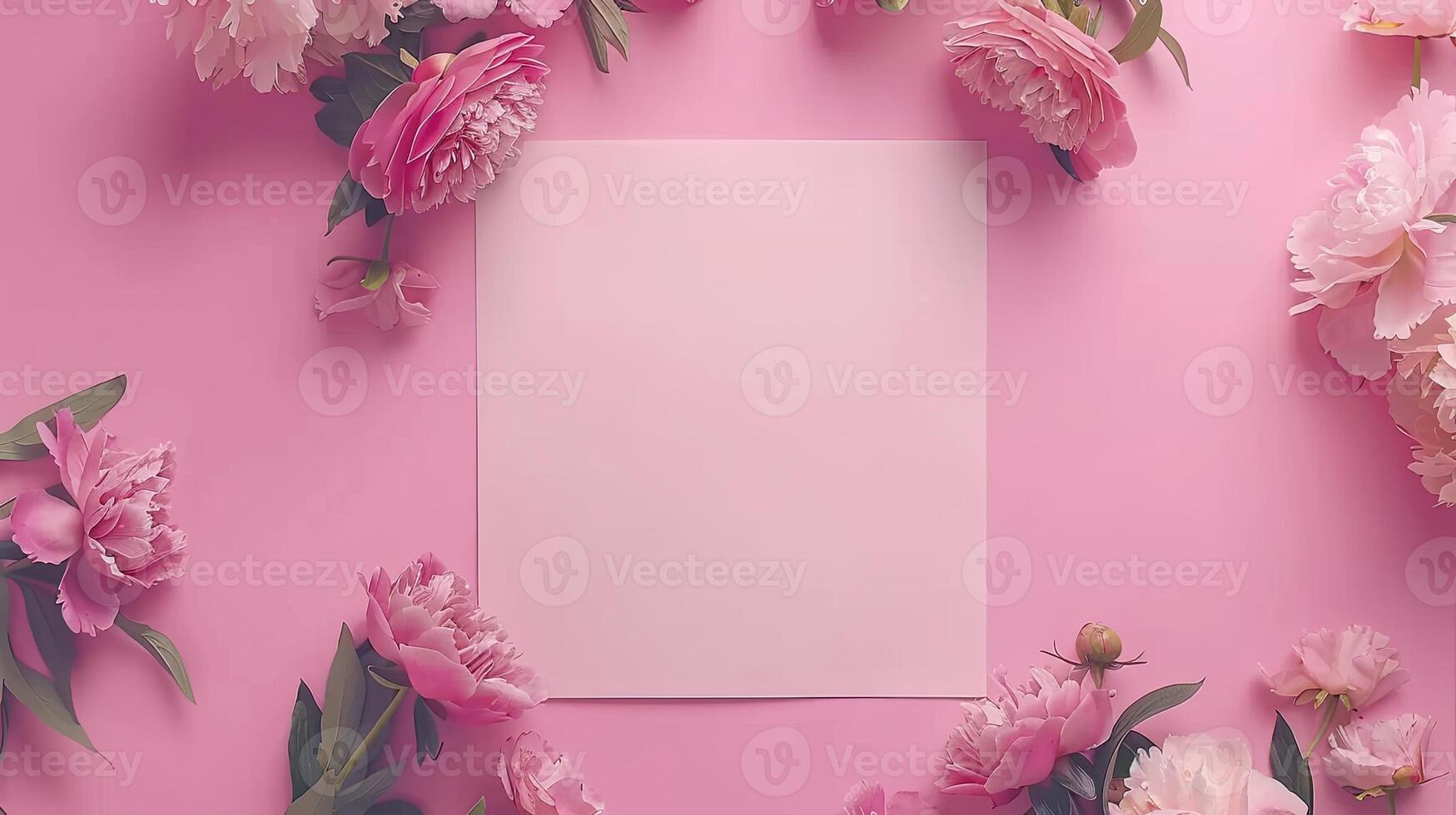 Pink flowers and paper on a pink background photo