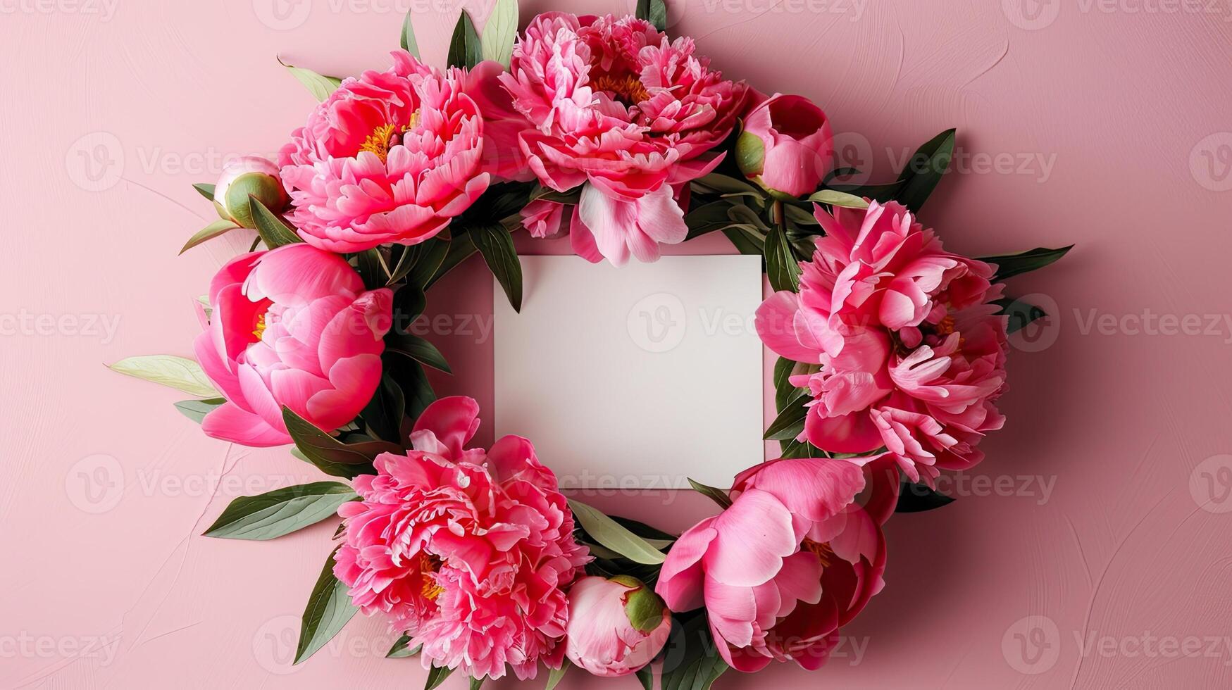 A wreath of pink peonies is arranged around a blank piece of paper photo