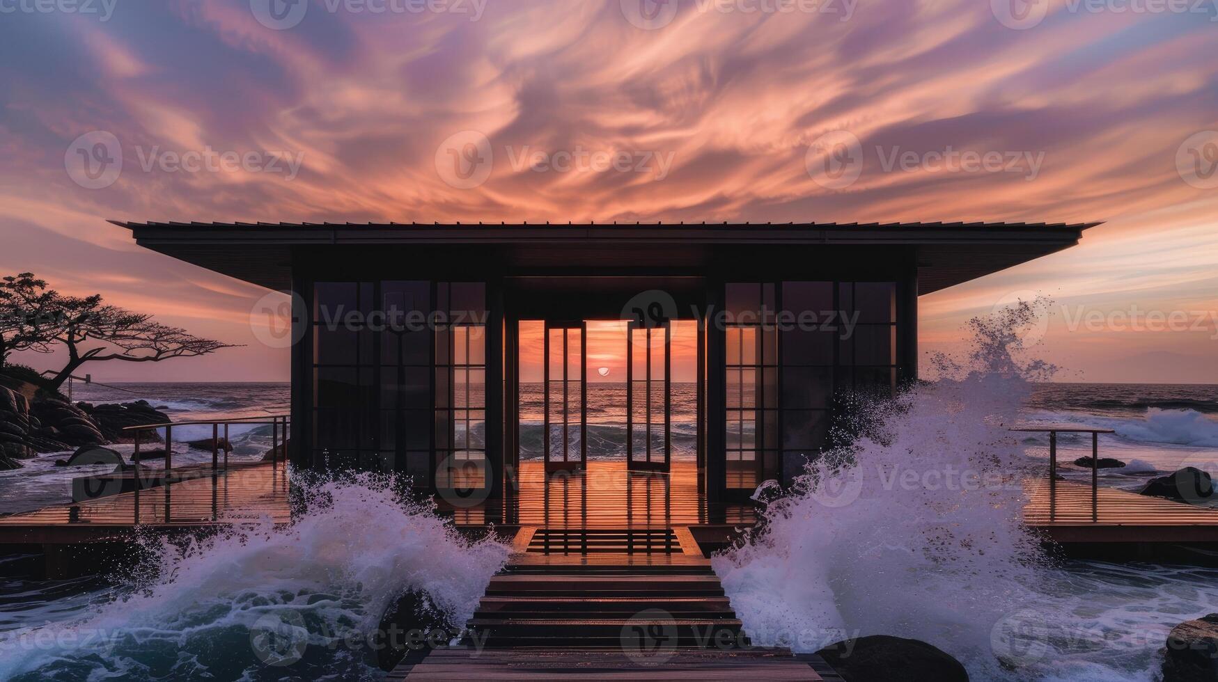 A house with a large window overlooking the ocean at sunset photo