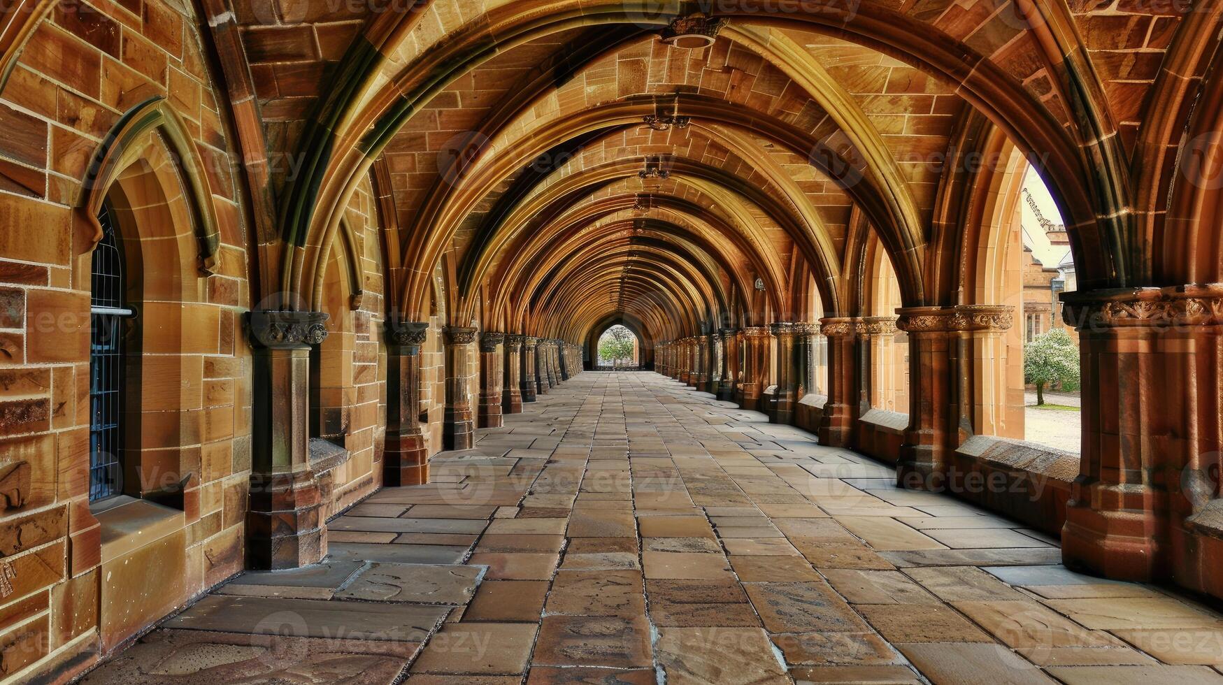 A long walkway with arches and stone walls photo