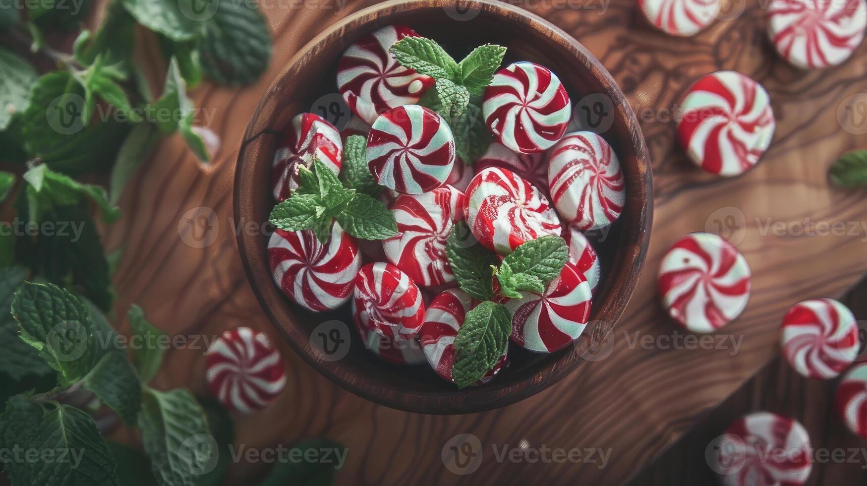 A bowl of peppermint candy on a wooden table photo