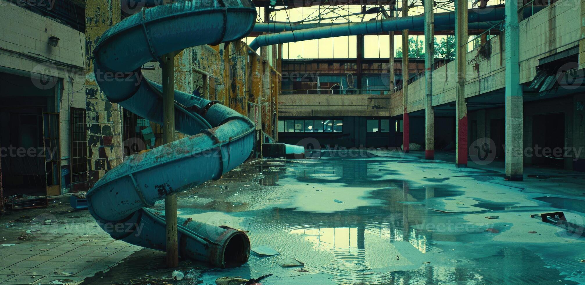 An abandoned building with a slide in the middle photo