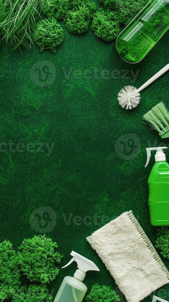 Green cleaning products on a green background photo