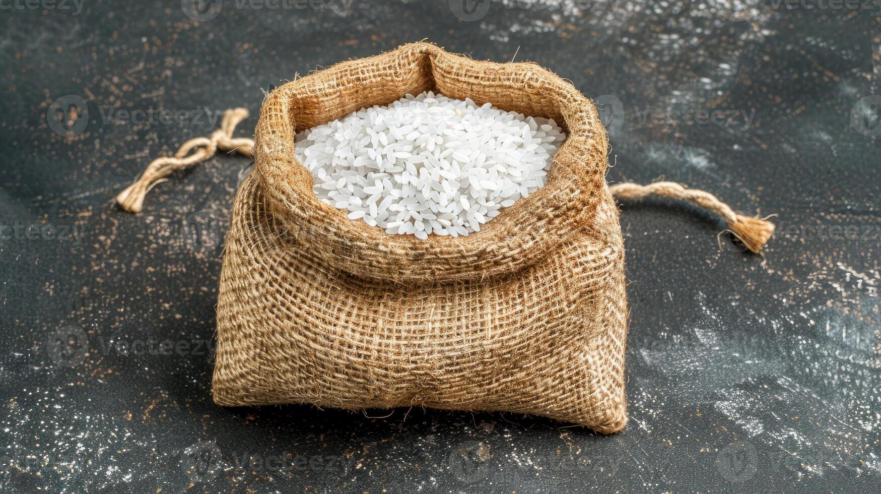 White rice in a sack on a dark background photo