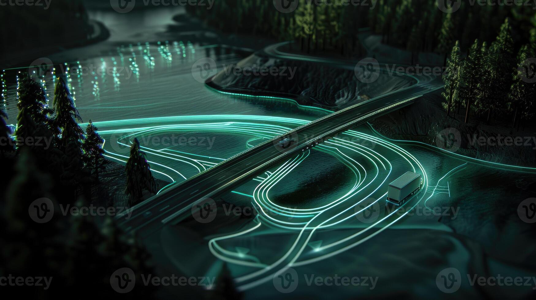 A bridge with green lights on it in the middle of a forest photo