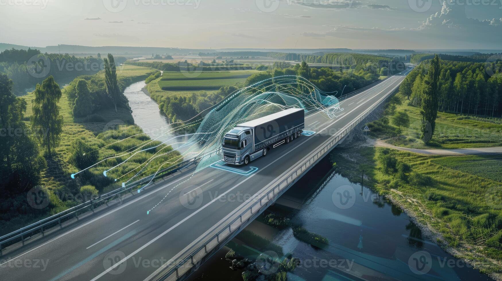 A truck driving on a bridge with a line of data photo
