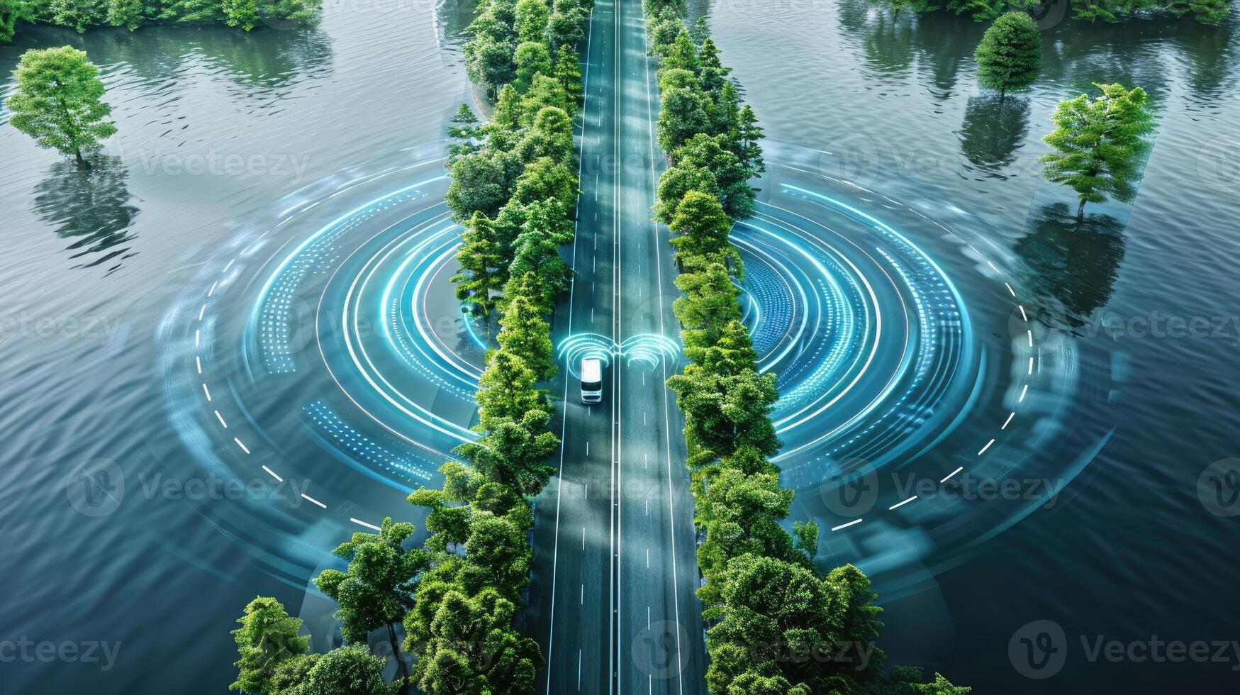 A car driving on a road surrounded by trees photo