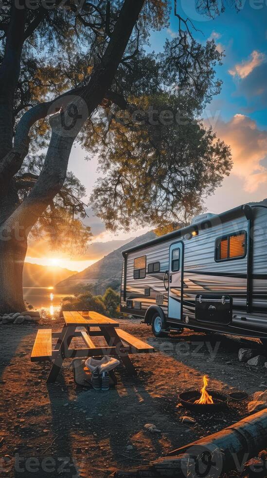 A rv is parked near a lake at sunset photo