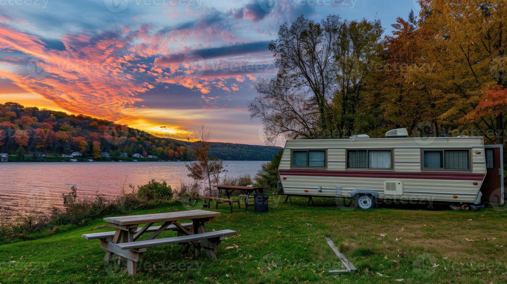 An rv parked near a lake at sunset photo