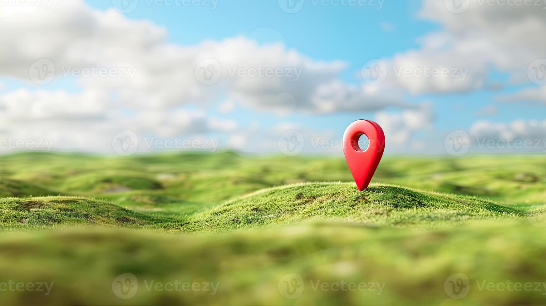 Map pin on green grass field with blue sky 3d illustration photo