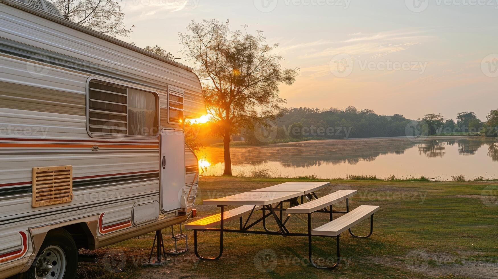 An rv parked near a lake with the sun setting behind it photo