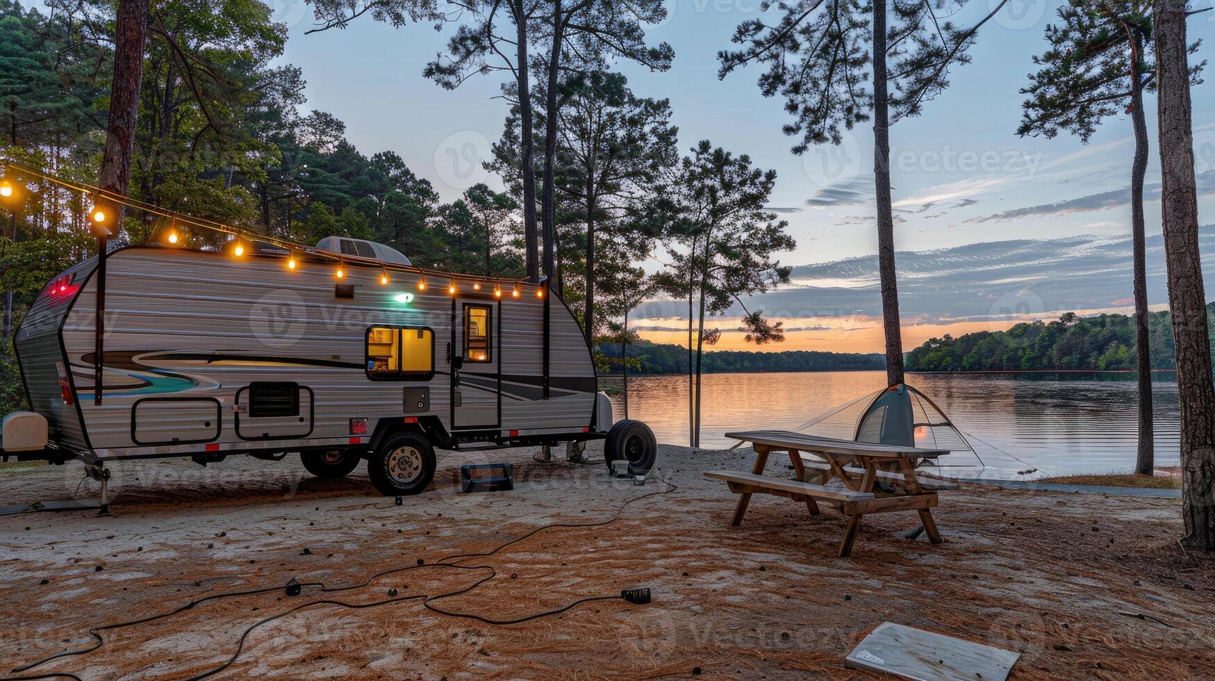 A camper trailer sits on the shore of a lake photo