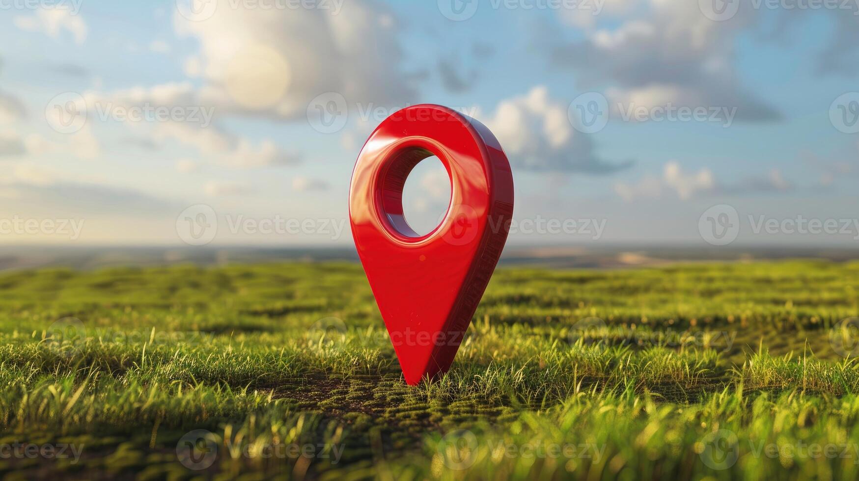 A red pin on the grass in a field with a blue sky background photo