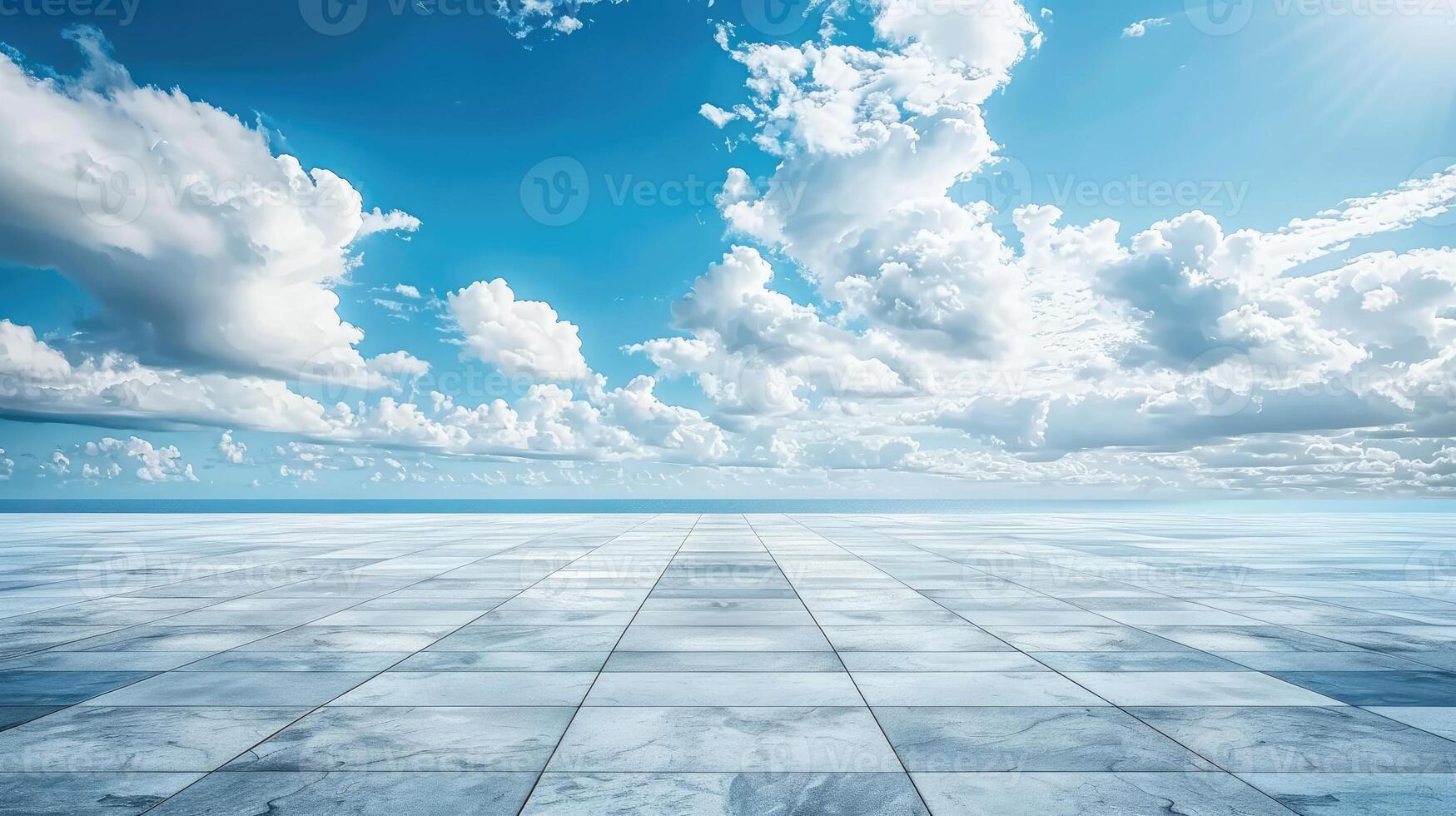 An empty room with a blue sky and clouds photo