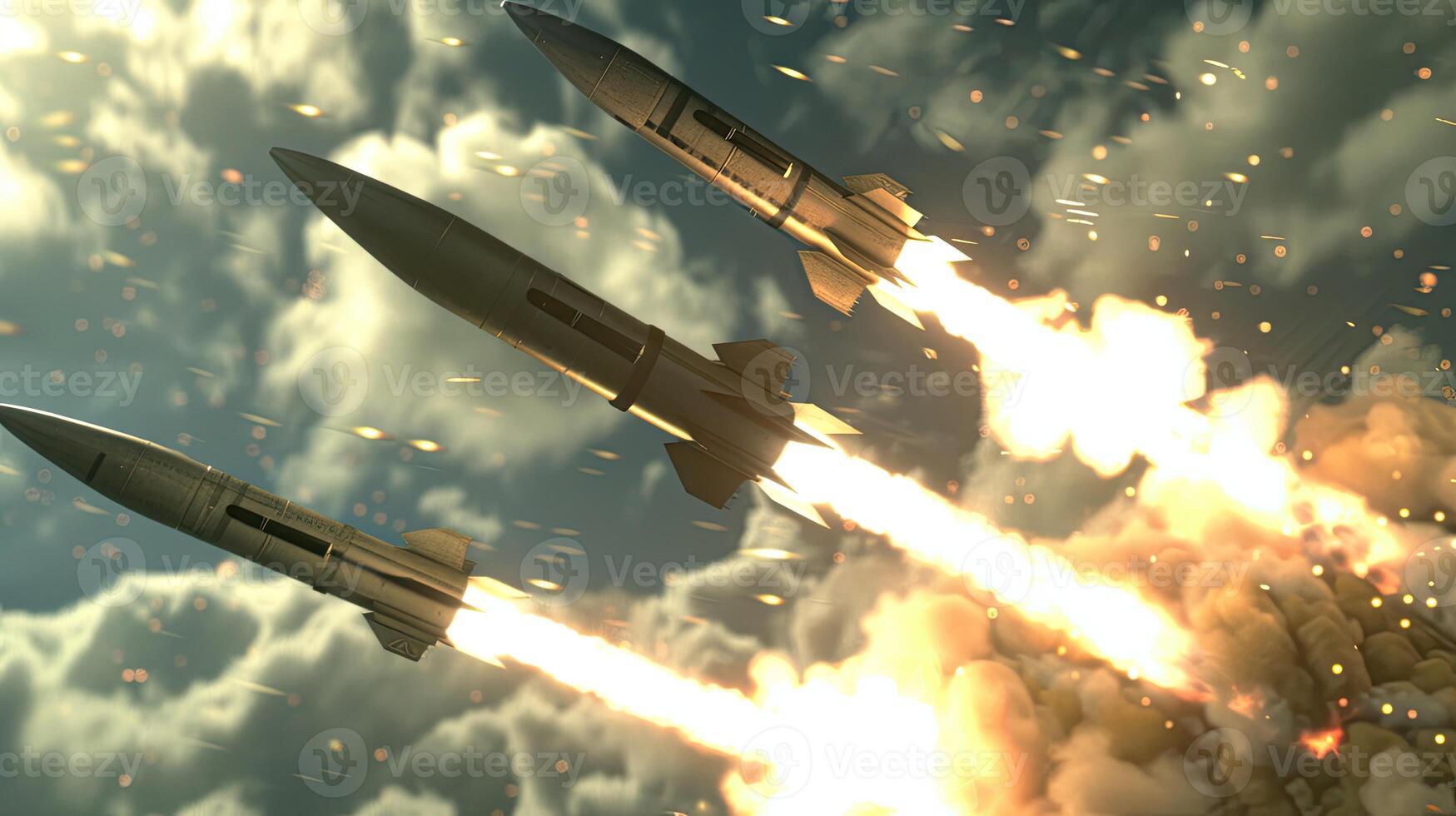 Three rockets are flying in the air photo