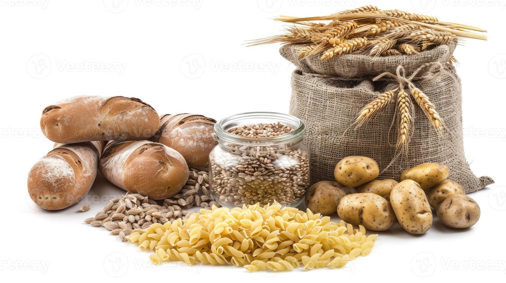 Various grains and breads in a sack and a jar photo