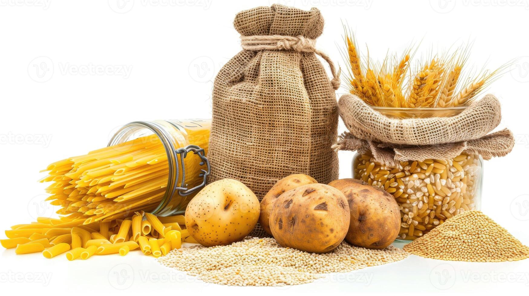 Various types of food including wheat, potatoes, and pasta photo