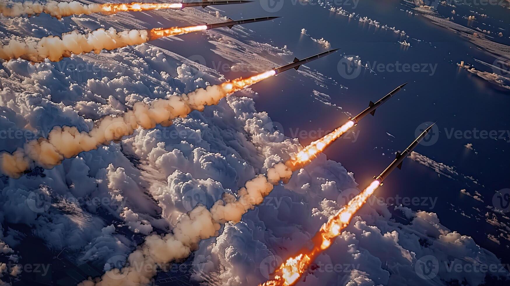 A group of rockets flying in the sky photo