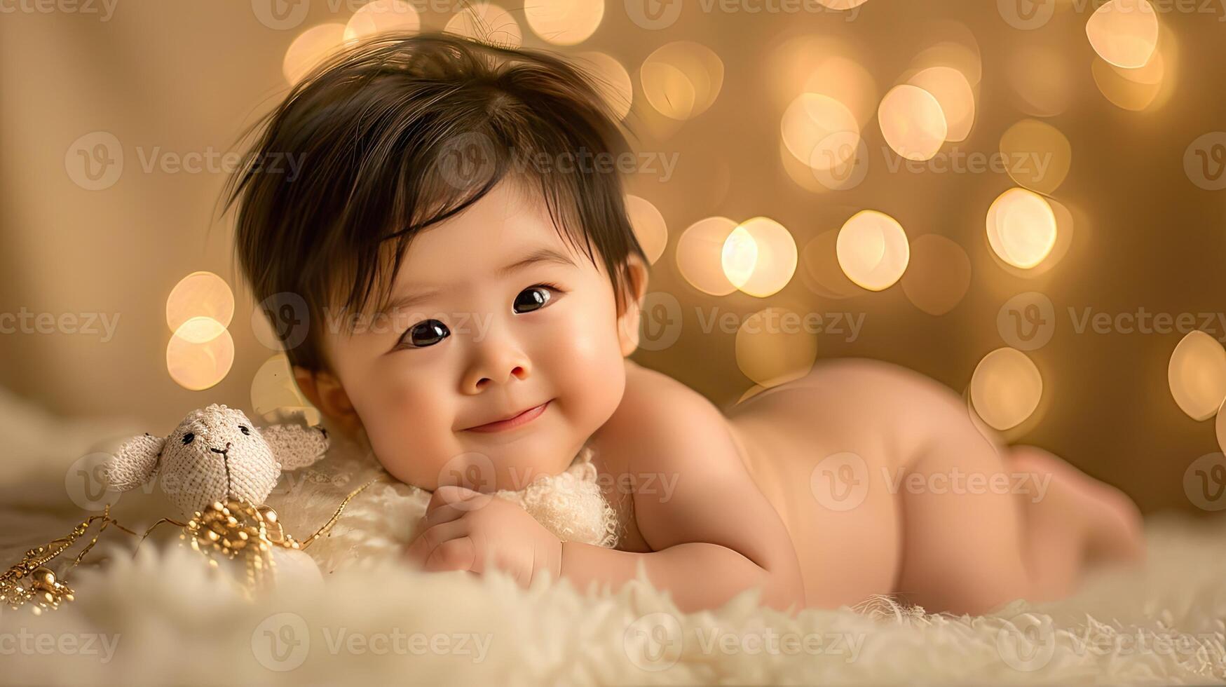 A baby laying on a blanket with a toy photo